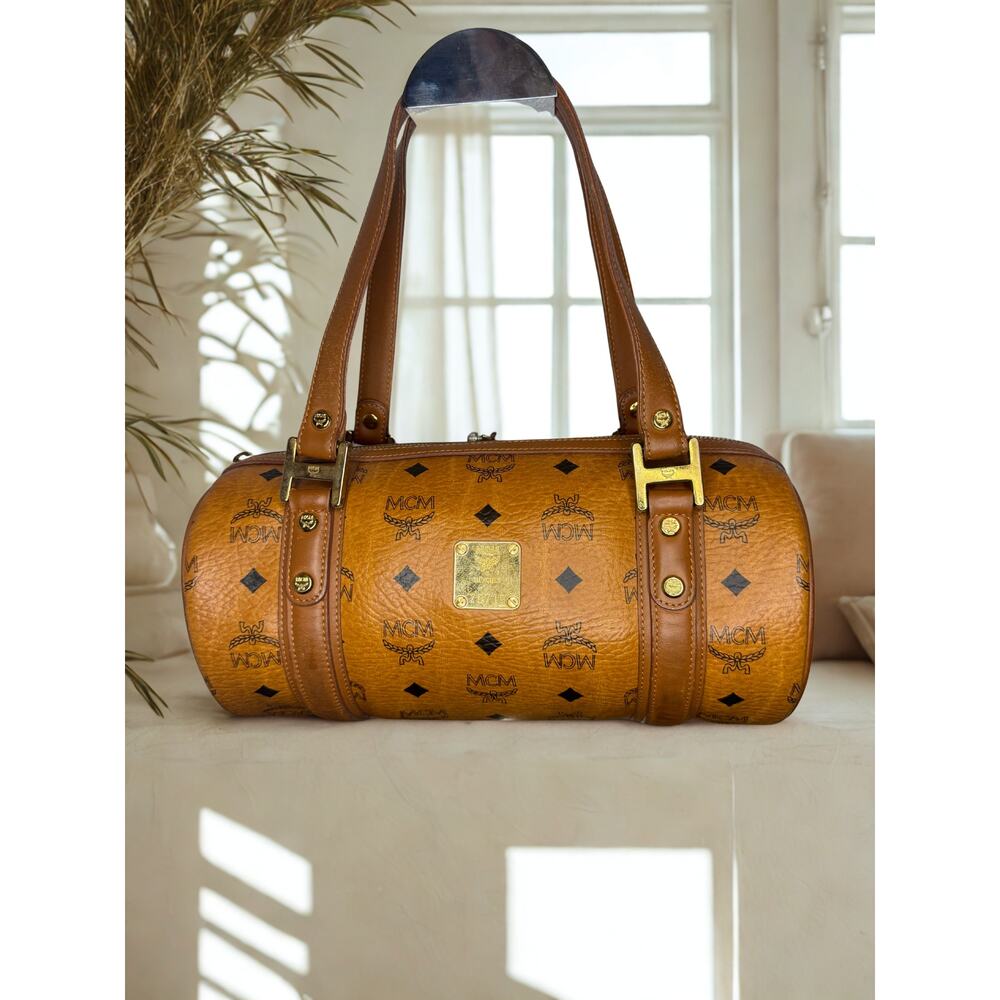 Vintage MCM München Cognac Visetos Barrel Cylinder Bag 1990s Authentic
